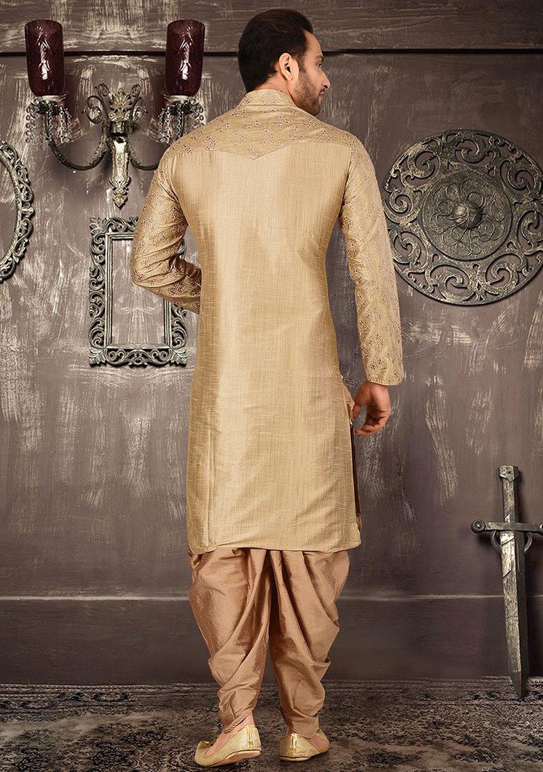 Beige Embroidered Dupion Silk Kurta Pyjama Set For Men