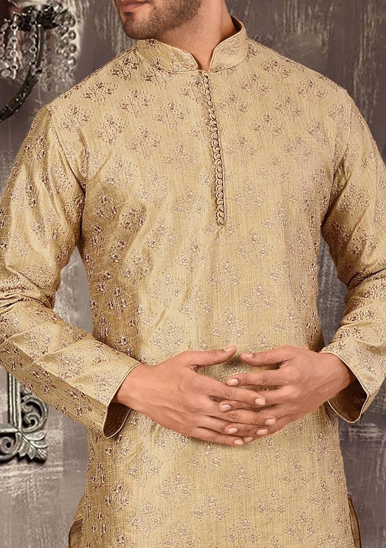 Beige Embroidered Dupion Silk Kurta Pyjama Set For Men
