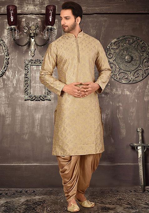 Beige Embroidered Dupion Silk Kurta Pyjama Set For Men