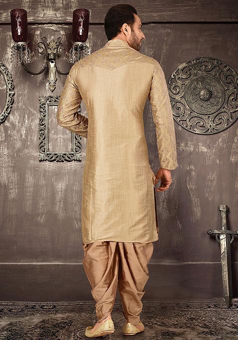 Beige Embroidered Dupion Silk Kurta Pyjama Set For Men