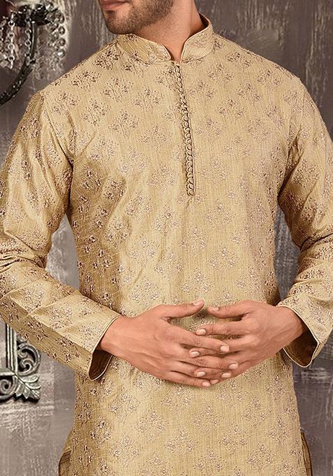 Beige Embroidered Dupion Silk Kurta Pyjama Set For Men
