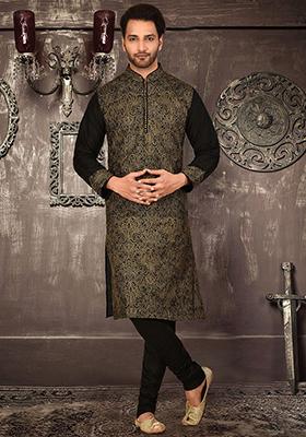 Black Embroidered Cotton Silk Kurta Pyjama Set For Men