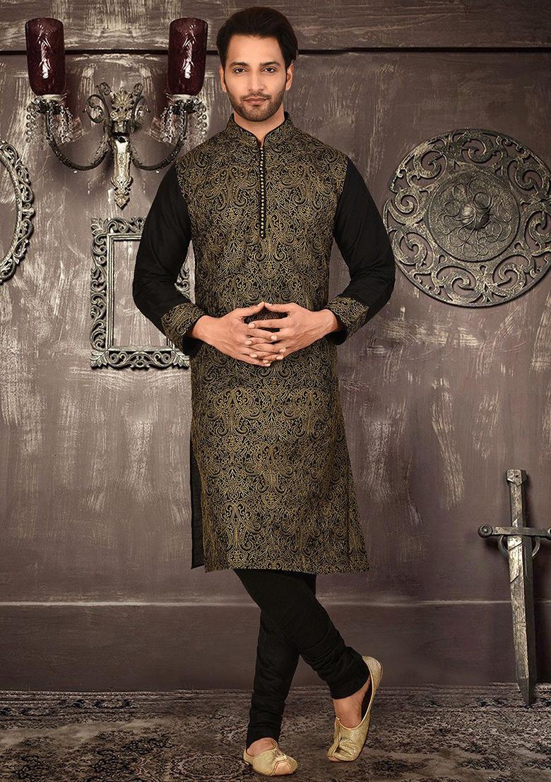 Black Embroidered Cotton Silk Kurta Pyjama Set For Men