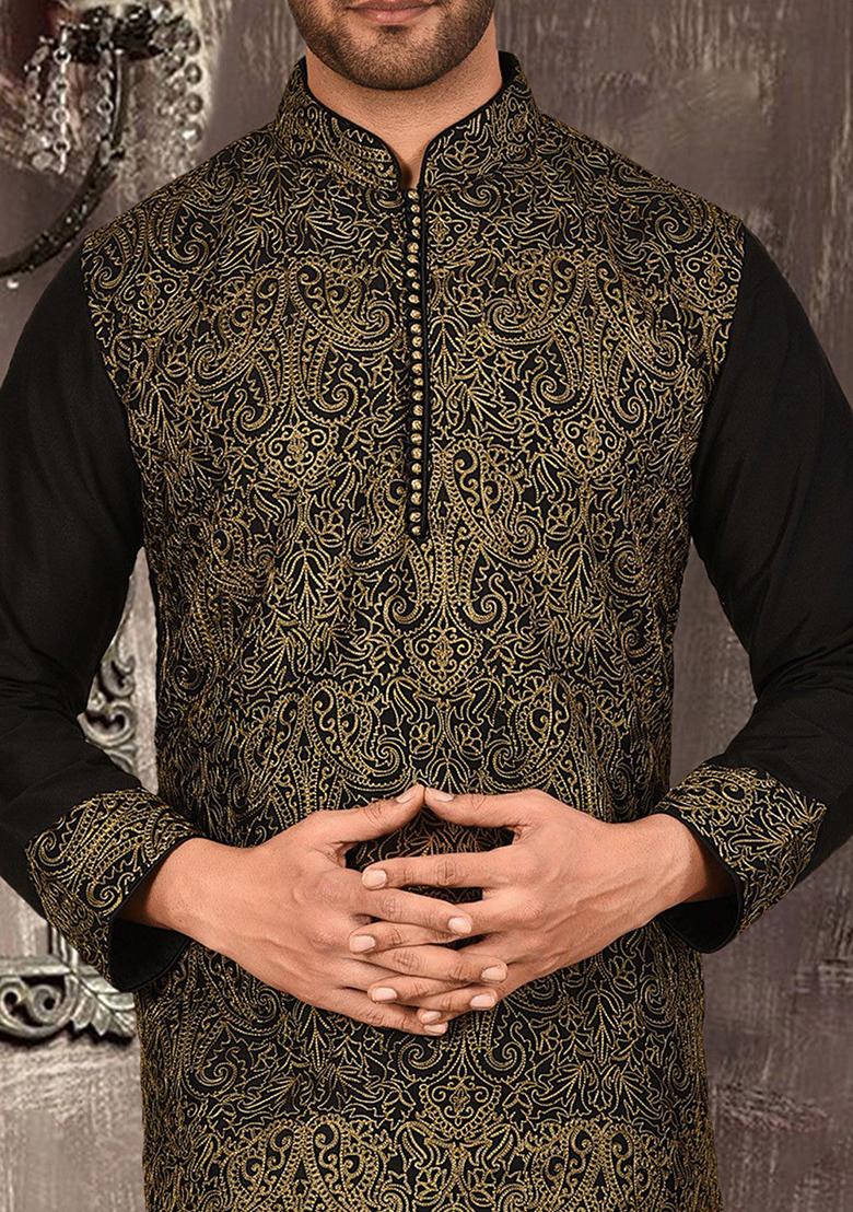Black Embroidered Cotton Silk Kurta Pyjama Set For Men