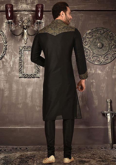 Black Embroidered Cotton Silk Kurta Pyjama Set For Men
