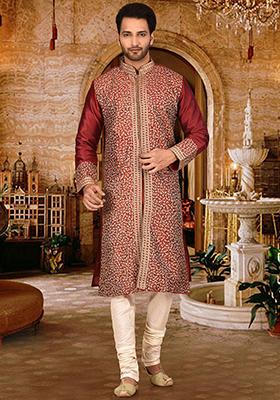 Red Embroidered Dupion Silk Kurta Pyjama Set For Men