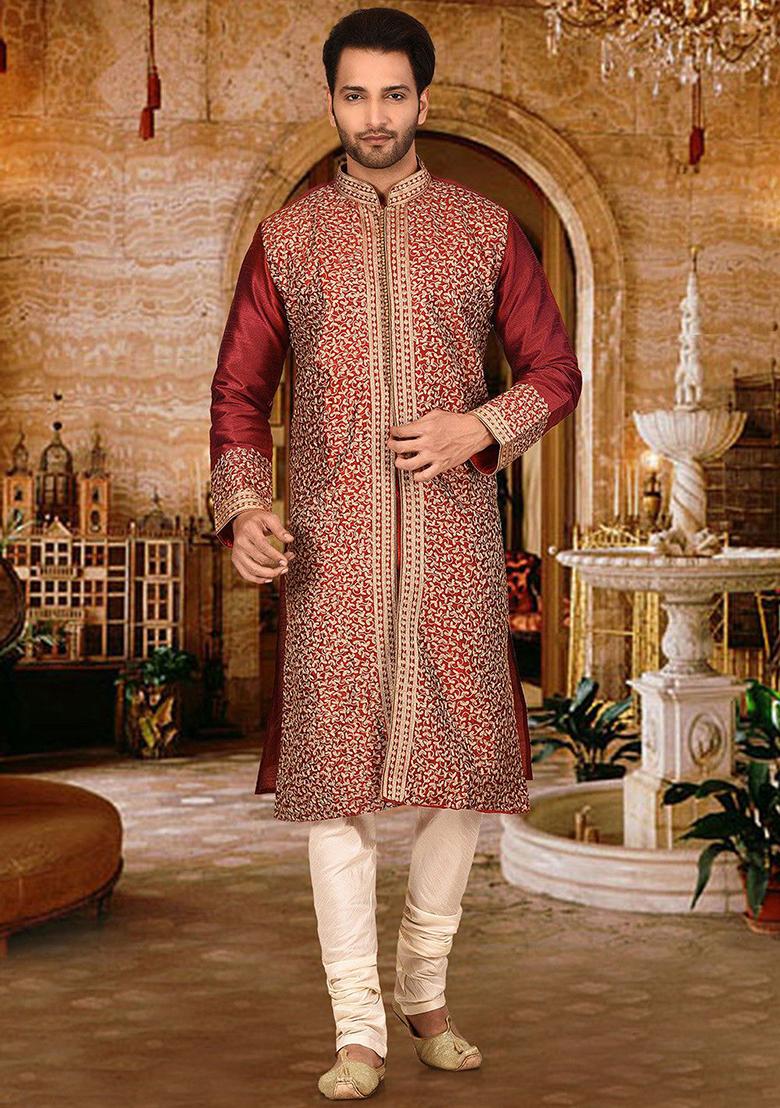 Red Embroidered Dupion Silk Kurta Pyjama Set For Men
