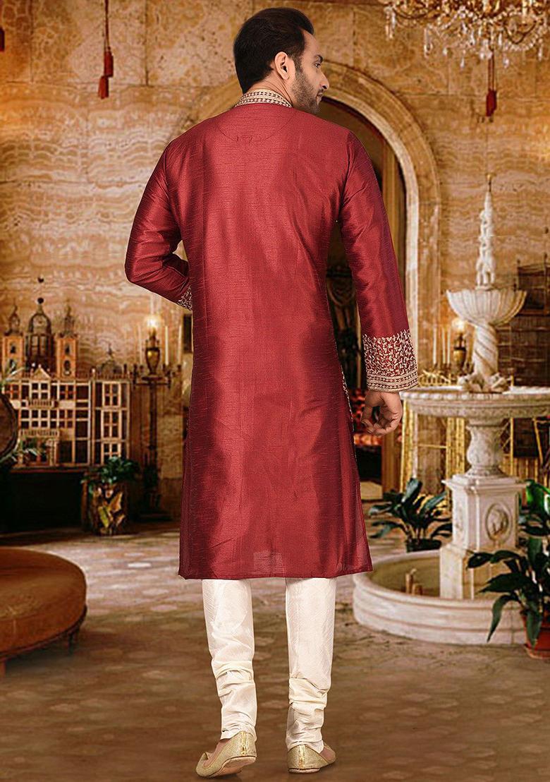 Red Embroidered Dupion Silk Kurta Pyjama Set For Men