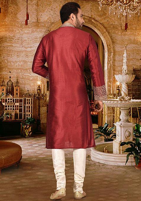 Red Embroidered Dupion Silk Kurta Pyjama Set For Men