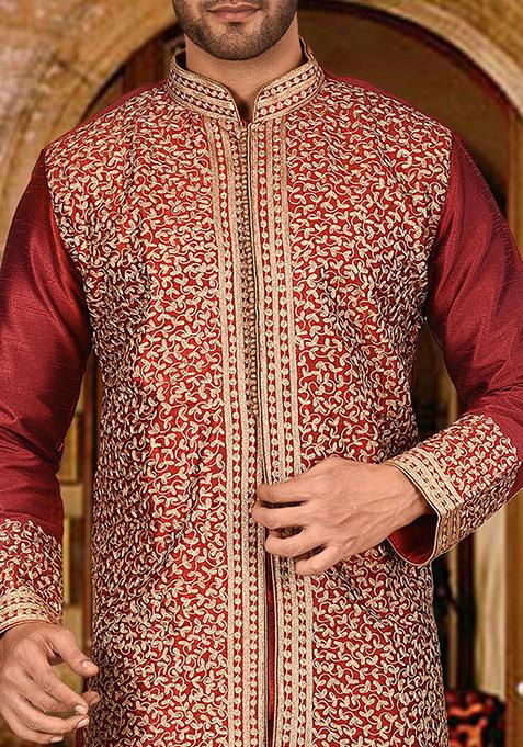 Red Embroidered Dupion Silk Kurta Pyjama Set For Men