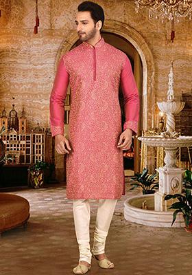 Pink Embroidered Cotton Silk Kurta Pyjama Set For Men