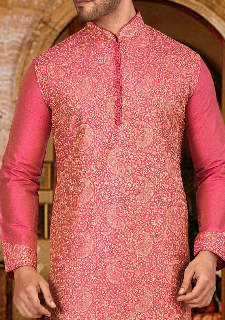 Pink Embroidered Cotton Silk Kurta Pyjama Set For Men