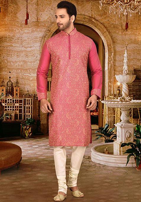 Pink Embroidered Cotton Silk Kurta Pyjama Set For Men