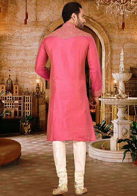 Pink Embroidered Cotton Silk Kurta Pyjama Set For Men