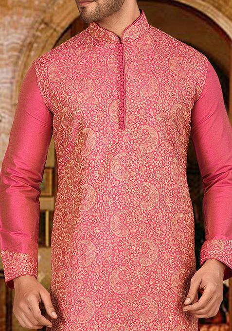 Pink Embroidered Cotton Silk Kurta Pyjama Set For Men