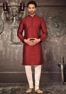 Red Embroidered Dupion Silk Kurta Pyjama Set For Men