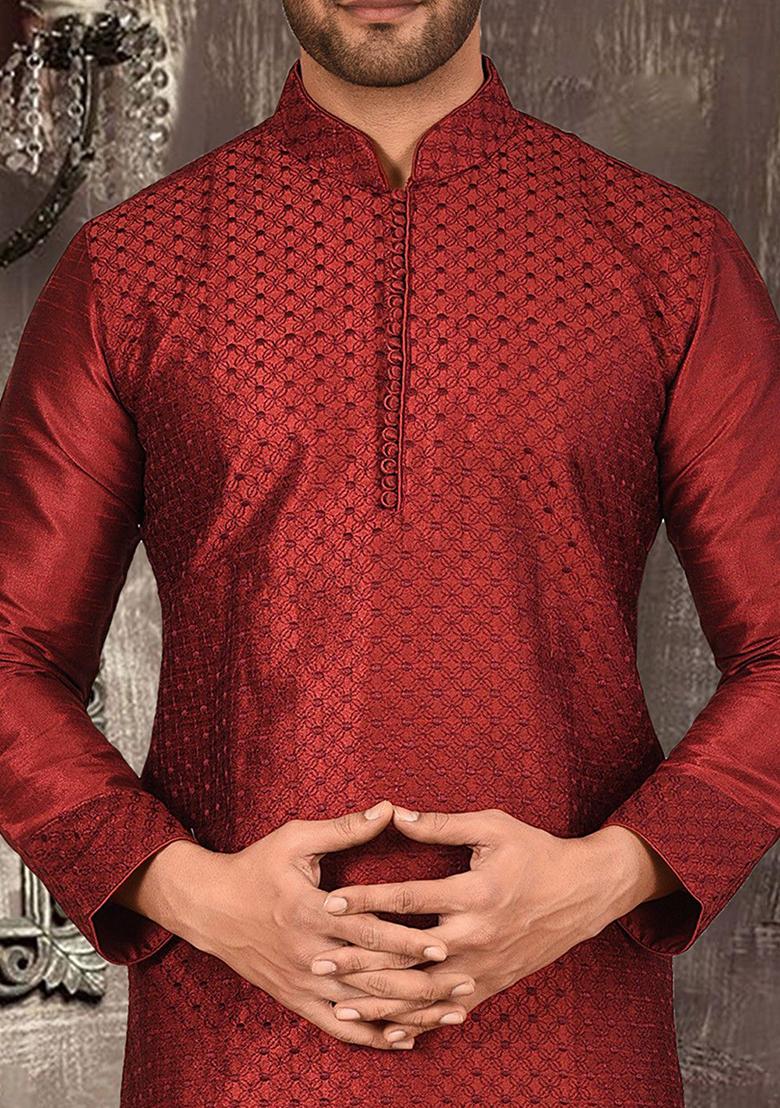Red Embroidered Dupion Silk Kurta Pyjama Set For Men