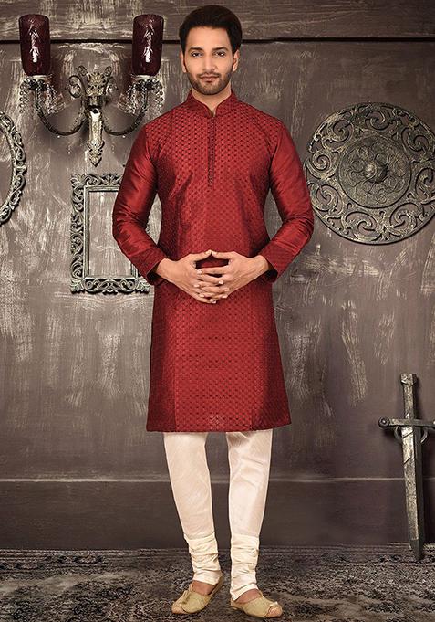 Red Embroidered Dupion Silk Kurta Pyjama Set For Men
