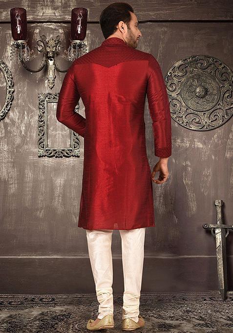 Red Embroidered Dupion Silk Kurta Pyjama Set For Men