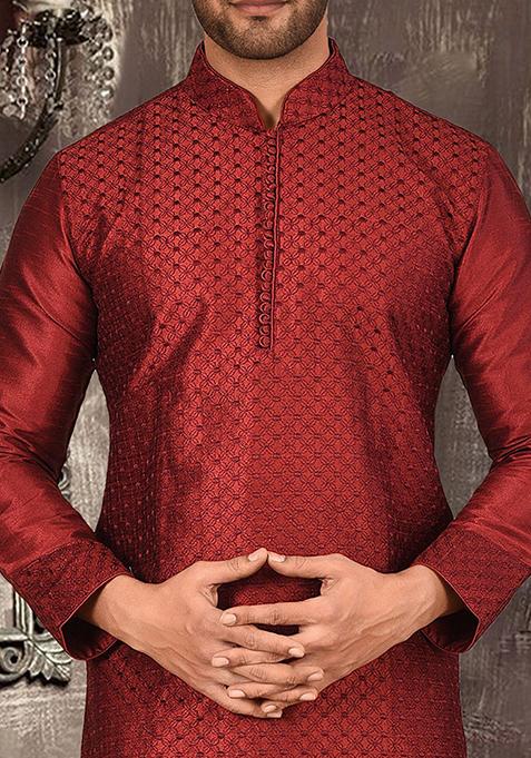 Red Embroidered Dupion Silk Kurta Pyjama Set For Men
