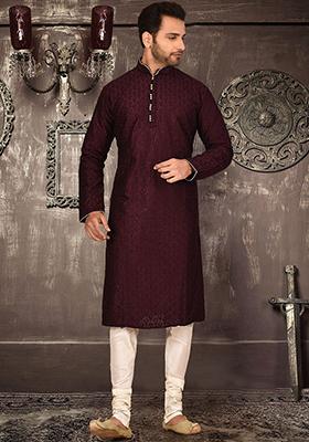 Maroon Embroidered Dupion Silk Kurta Pyjama Set For Men