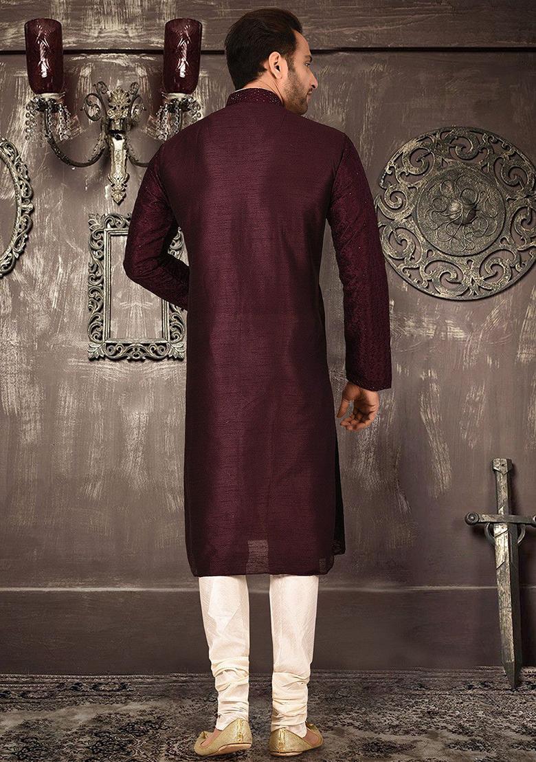 Maroon Embroidered Dupion Silk Kurta Pyjama Set For Men
