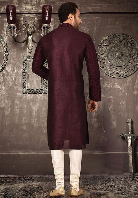 Maroon Embroidered Dupion Silk Kurta Pyjama Set For Men