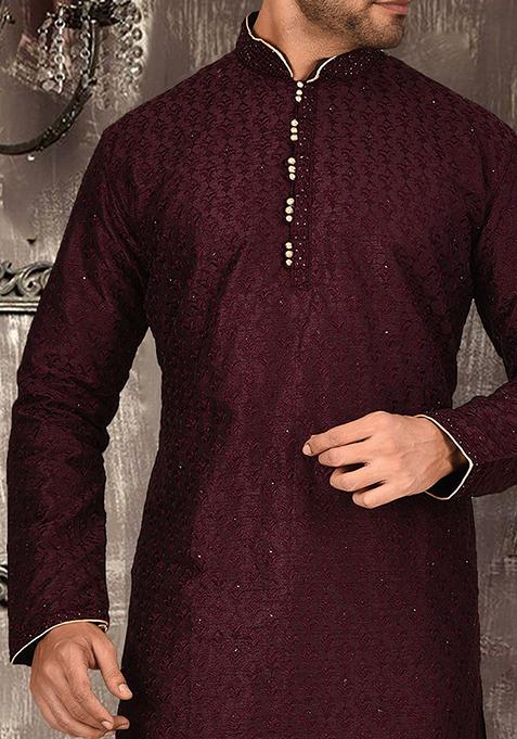 Maroon Embroidered Dupion Silk Kurta Pyjama Set For Men