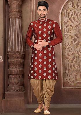 Red Embroidered Dupion Silk Kurta Pyjama Set For Men