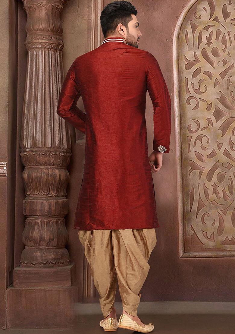 Red Embroidered Dupion Silk Kurta Pyjama Set For Men