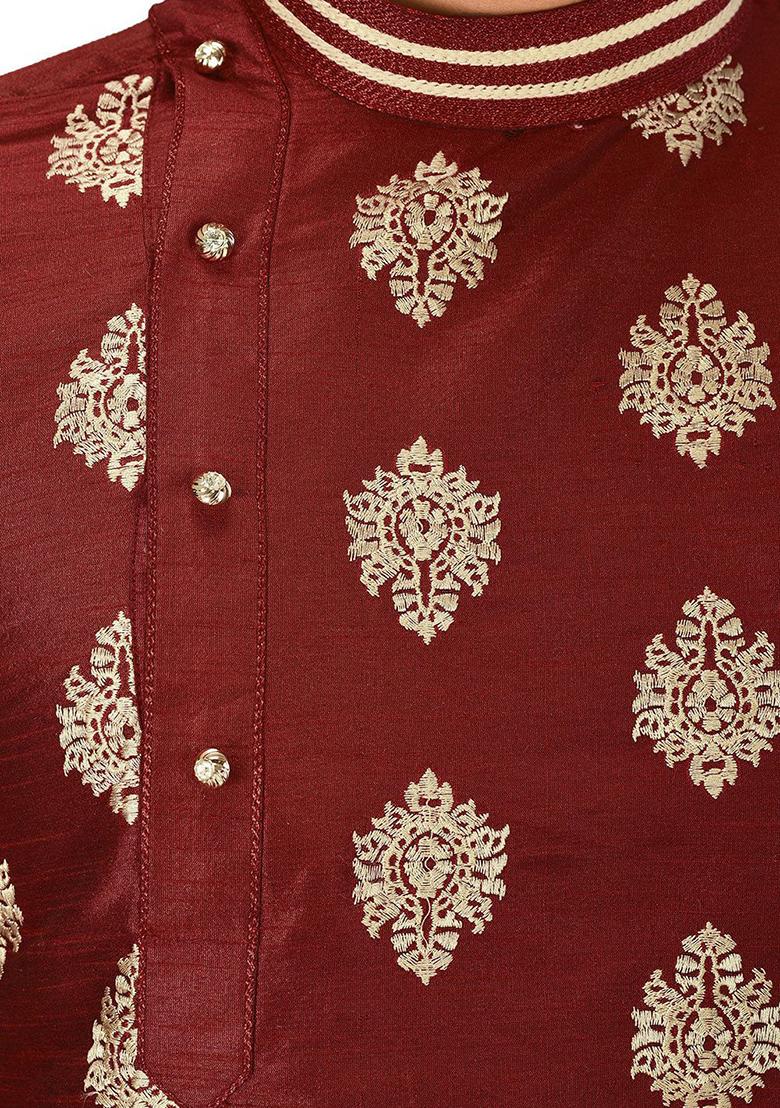 Red Embroidered Dupion Silk Kurta Pyjama Set For Men