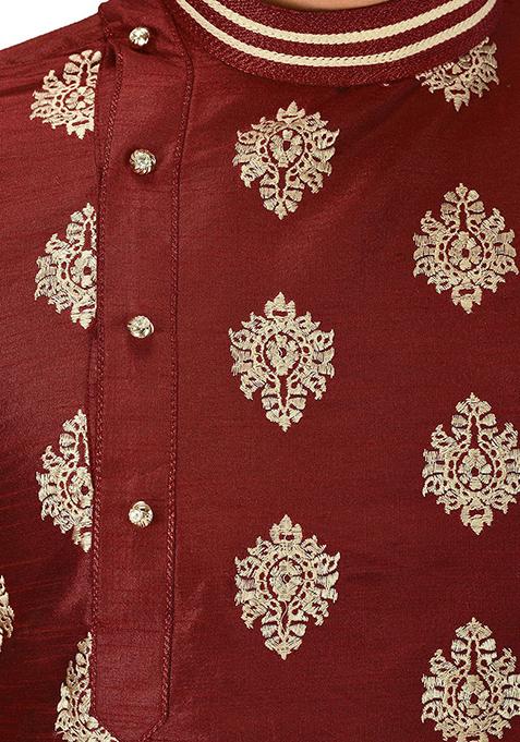 Red Embroidered Dupion Silk Kurta Pyjama Set For Men