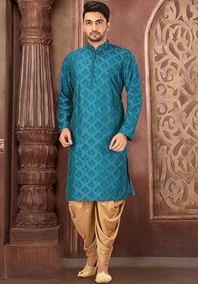 Teal Embroidered Cotton Silk Kurta Pyjama Set For Men