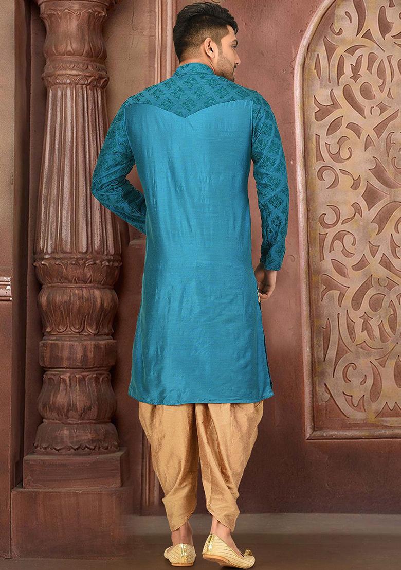 Teal Embroidered Cotton Silk Kurta Pyjama Set For Men