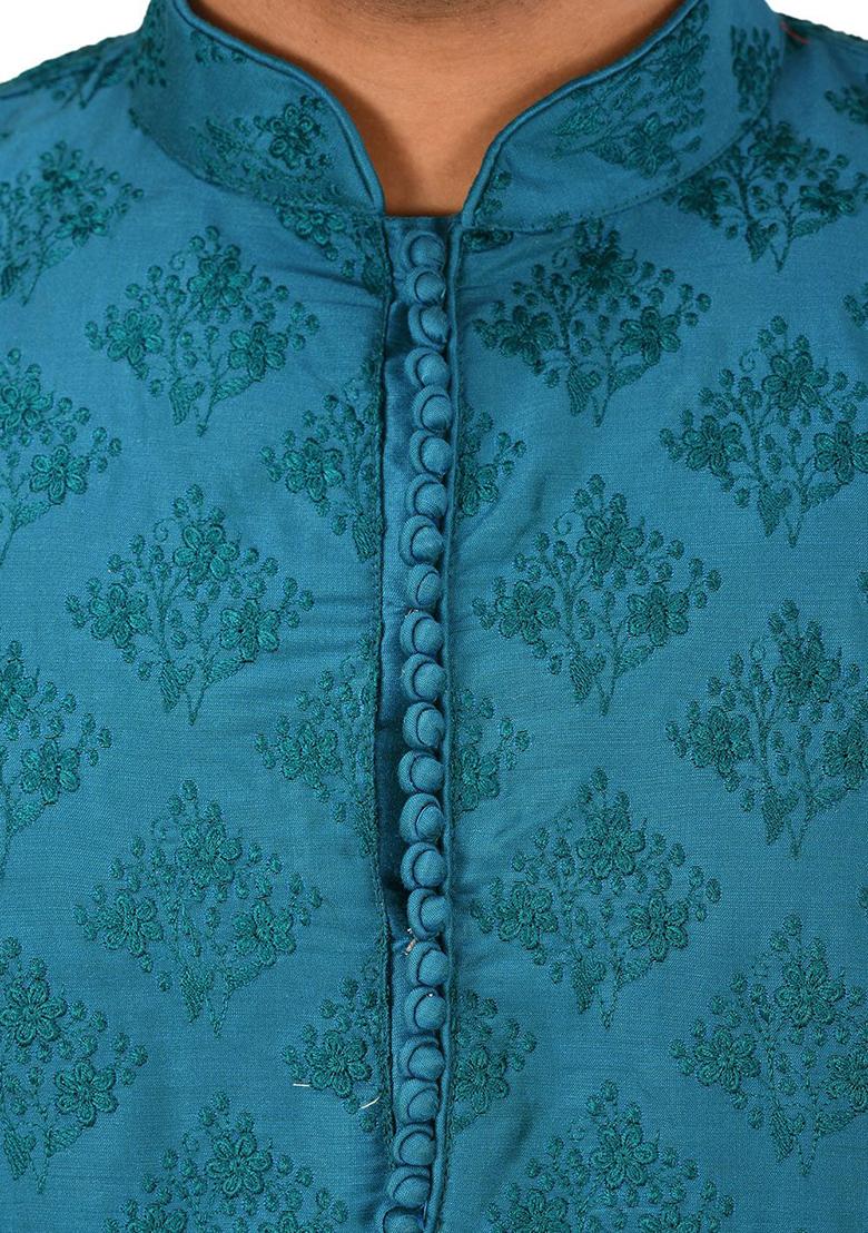 Teal Embroidered Cotton Silk Kurta Pyjama Set For Men