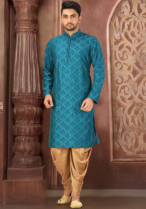 Teal Embroidered Cotton Silk Kurta Pyjama Set For Men