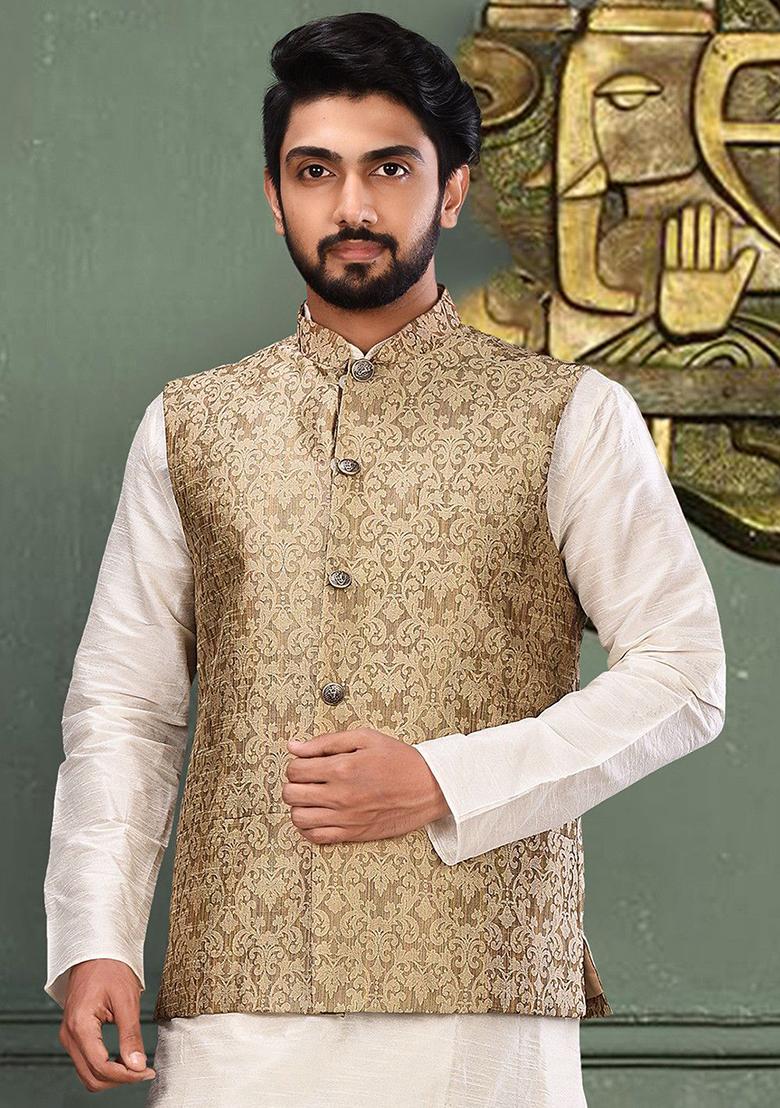 Beige Woven Jamawar Nehru Jacket For Men