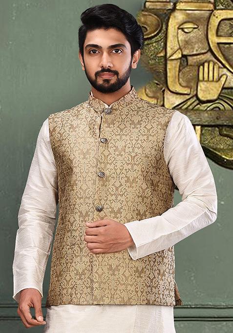 Beige Woven Jamawar Nehru Jacket For Men