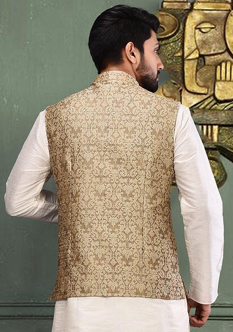 Beige Woven Jamawar Nehru Jacket For Men