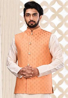 Peach Woven Cotton Mulberry Nehru Jacket For Men