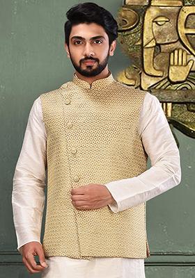 Fawn Woven Jacquard Nehru Jacket For Men