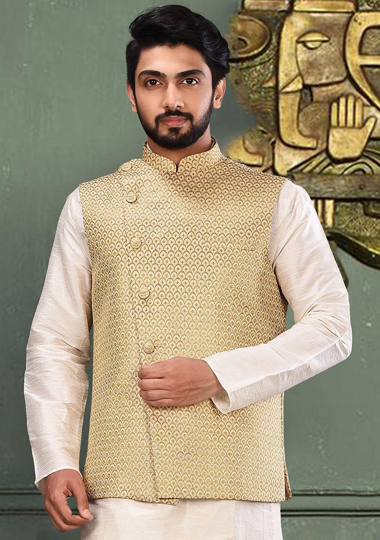 Fawn Woven Jacquard Nehru Jacket For Men