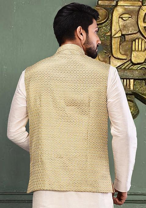 Fawn Woven Jacquard Nehru Jacket For Men