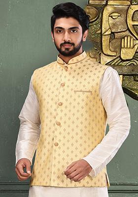 Yellow Woven Cotton Mulberry Nehru Jacket For Men