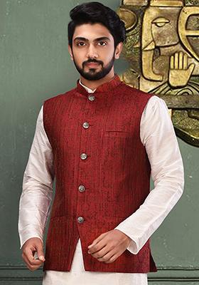 Red Woven Jamawar Nehru Jacket For Men