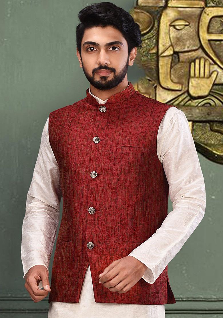 Red Woven Jamawar Nehru Jacket For Men
