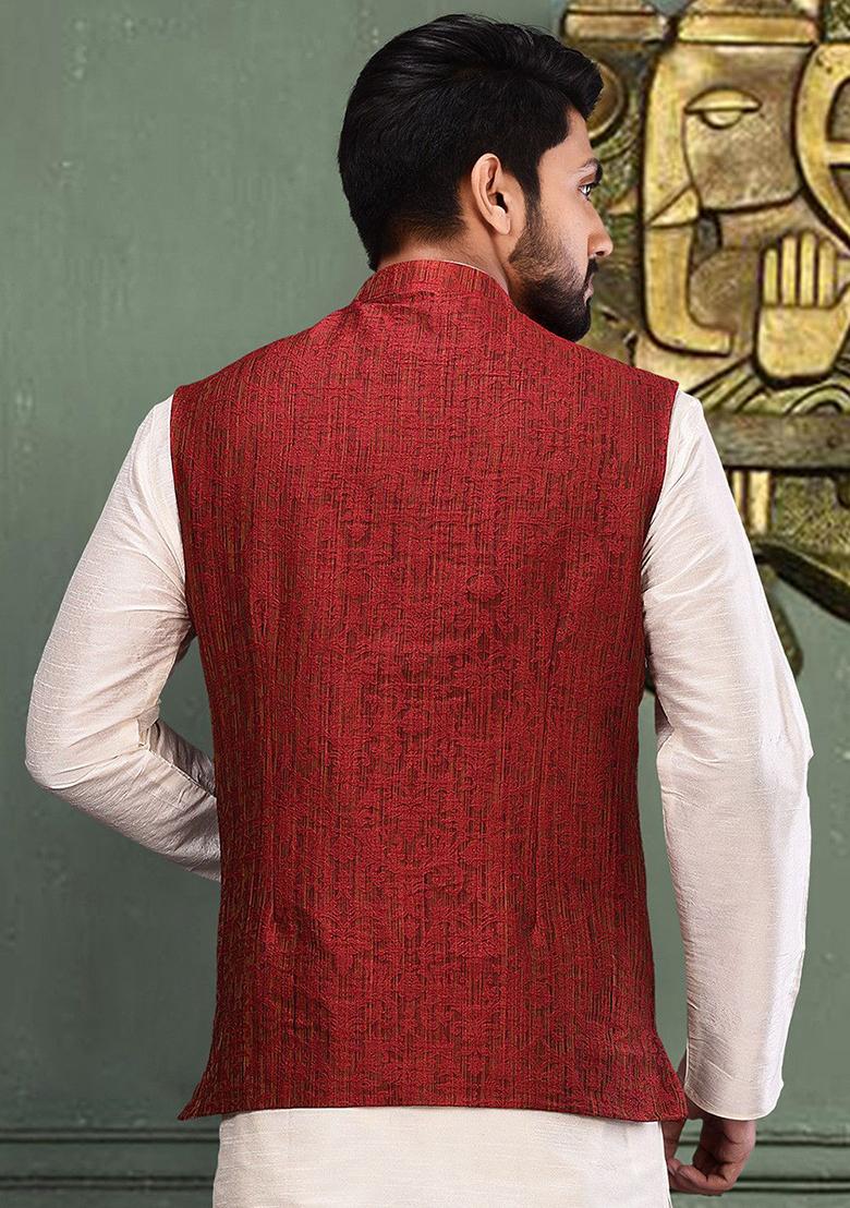 Red Woven Jamawar Nehru Jacket For Men