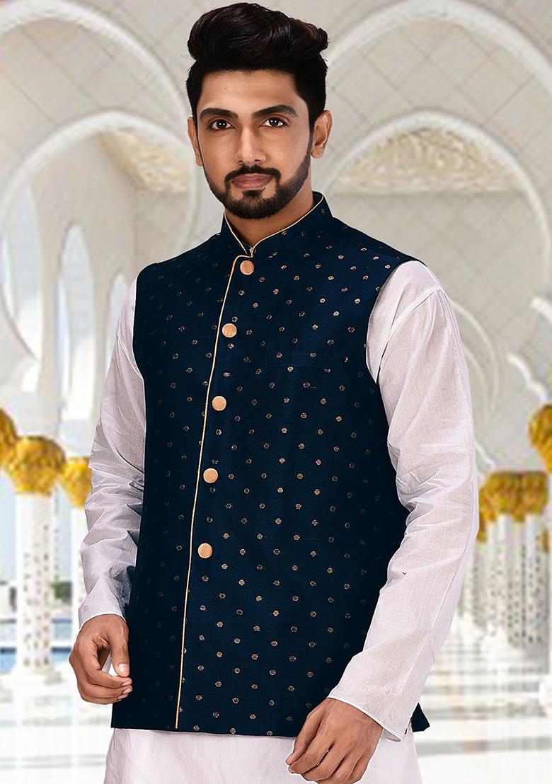 Blue Woven Cotton Slub Nehru Jacket For Men