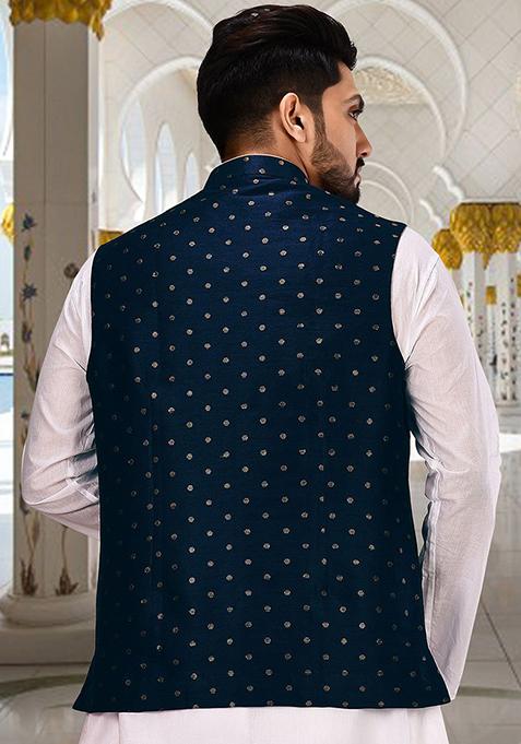 Blue Woven Cotton Slub Nehru Jacket For Men