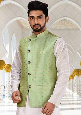 Pista Green Woven Cotton Slub Nehru Jacket For Men